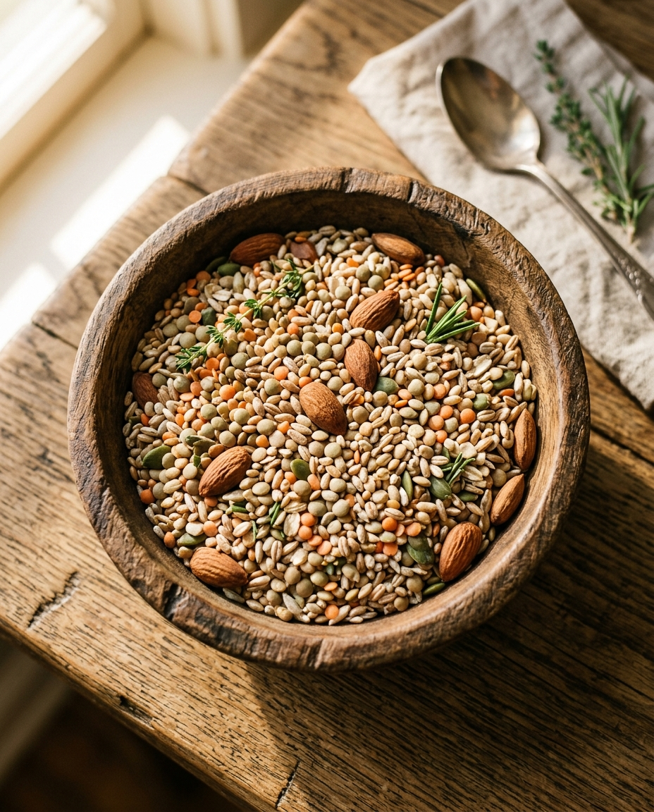Bowl of natural grains, nuts and pulses on a wooden table representing ARZ Ceretots clean ingredients